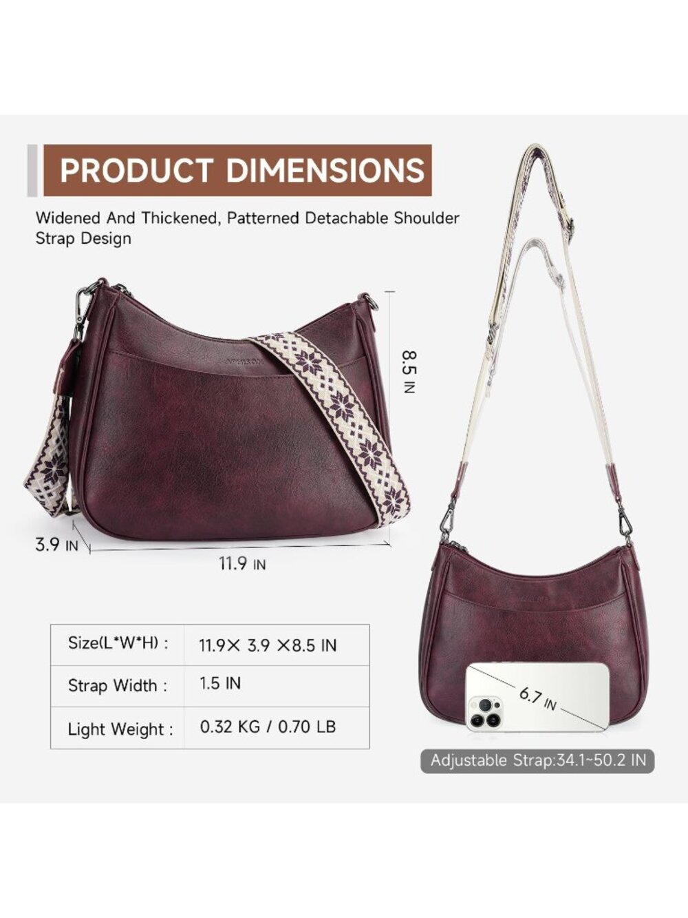 👜Women's Grape Leather Crossbody Purse Shoulder Bag Wide Strap Travel - Picture 6 of 6